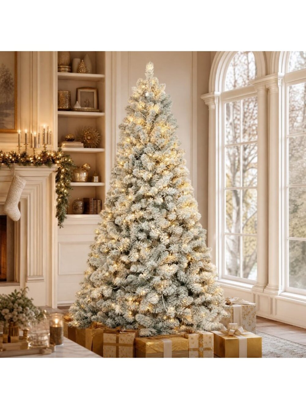 7ft Prelit Snow Flocked Christmas Tree with 300 Warm White LED Lights